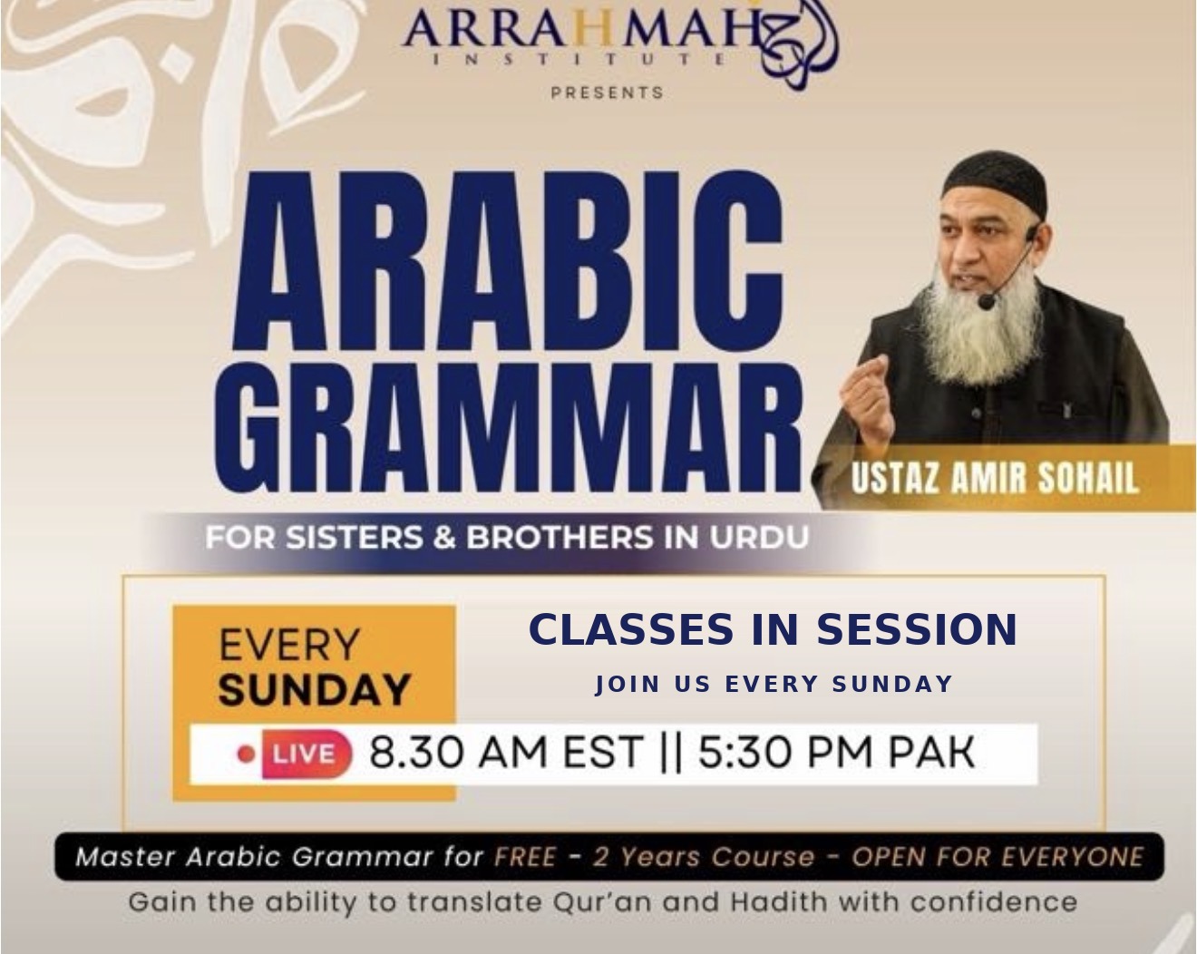 Ar-Rahmah Institute — Arabic Grammar Course (Free, live every Sunday at 8:30 AM EST — classes in session, join anytime)